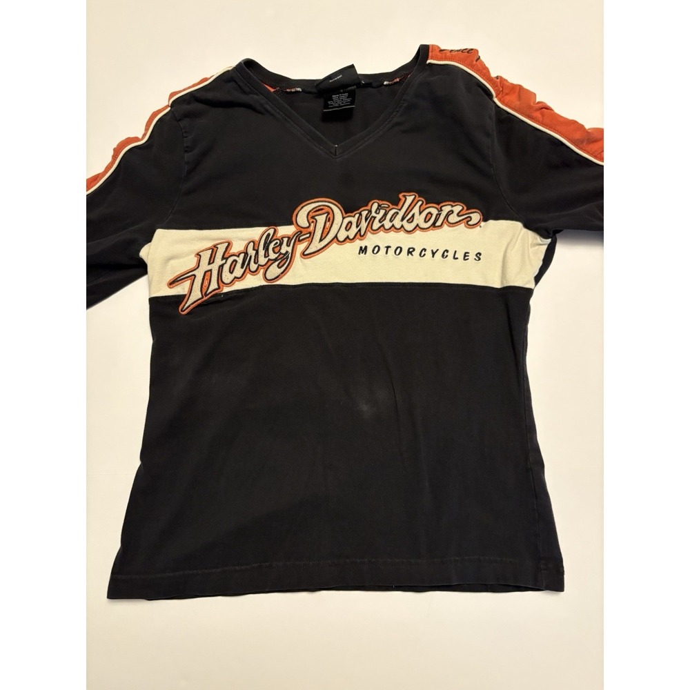 VTG Harley Davidson Motorcycles Womens Large Black Orange V-Neck Graphic Shirt